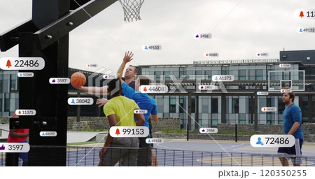 Image of digital data processing over diverse basketball players on field Image of digital data processing over diverse basketball players on field 120350255