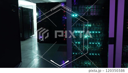 Image of hexagonal scanner frame over glowing computer servers in server room 120350386