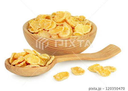 Cornflakes in wooden bowl and spoon isolated on white background. Cornflakes in wooden bowl and spoon isolated on white background. 120350470