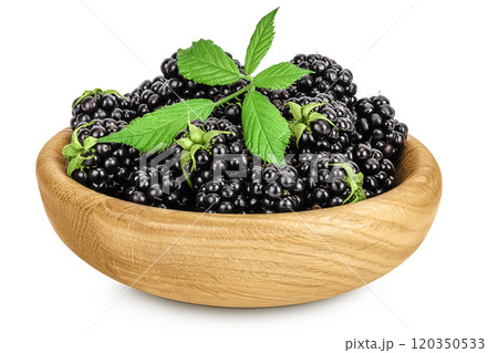 blackberry with leaf in wooden bowl isolated on a white background closeup. 120350533