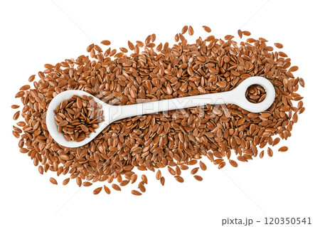 flaxseed in ceramic spoon isolated on white background. Top view. Flat lay flaxseed in ceramic spoon isolated on white background. Top view. Flat lay 120350541