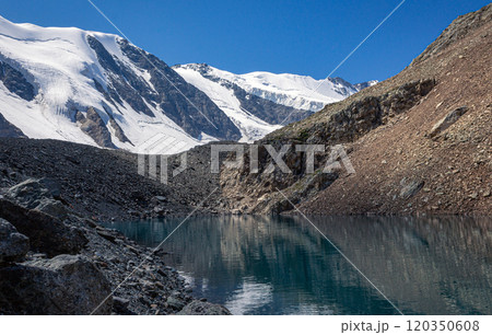 small turquoise lake and hight snowy peaks in the Altai mountains, Aktru at summer day, blue sky small turquoise lake and hight snowy peaks in the Altai mountains, Aktru at summer day, blue sky 120350608