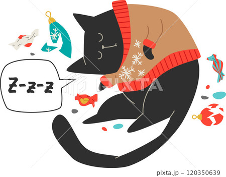 mischievous black cat in ugly sweater sleeping mischievous black cat in ugly sweater sleeping 120350639