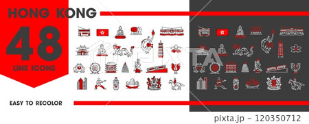 Hong Kong travel landmark line icons of Asian sightseeing and tourism, vector symbols. Hong Kong flag and map, Buddha pagoda temple and city architecture, dragon and tour boat with national symbols 120350712