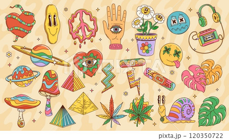 Cartoon retro 70s 80s hippie and groovy symbols. Funny daisy flower and yellow smile vector characters with hippie peace symbols. Psychedelic mushrooms and planet, lightning bolts, pyramids and hearts Cartoon retro 70s 80s hippie and groovy symbols. Funny daisy flower and yellow smile vector characters with hippie peace symbols. Psychedelic mushrooms and planet, lightning bolts, pyramids and hearts 120350722