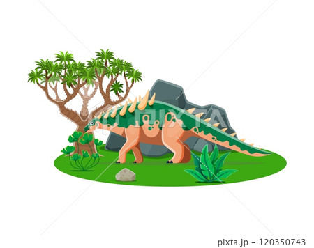 Dinosaur prehistoric character or cartoon Jurassic dino Polacanthus, vector lizard. Jurassic or Cretaceous era dinosaur Polacanthus with spikes on back in jungle forest for kid paleontology collection 120350743