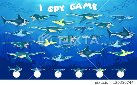 I spy game worksheet with prehistoric sea underwater dinosaurs. Kids vector paleontology riddle. How many cartoon marine reptiles in the ocean. Children test, education task for kid mind development 120350744