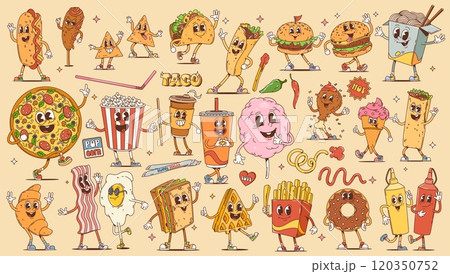 Fast food and breakfast cartoon retro groovy characters. Vintage hippie burger, pizza, sandwich and drinks with dessert vector personages. Cute hot dog, french fries, soda, coffee, donut and ice cream 120350752