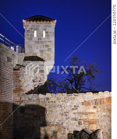 Remains of Historic Belgrade Fortress fortifications in Kalemegdan park at night in Belgrade, Serbia 120350770