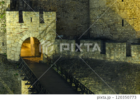 Remains of Historic Belgrade Fortress fortifications in Kalemegdan park at night in Belgrade, Serbia 120350773