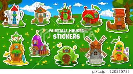 Cartoon fairytale gnome house buildings stickers of dwarf homes, vector icons. Kids cartoon stickers of dwarf houses, huts and shelters in apple or old boot, teapot and strawberry or mill and cabbage 120350783