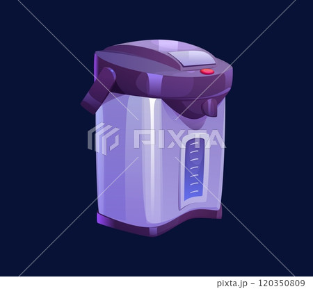 Cartoon electronic tea kettle. Isolated vector modern electric water boiler featuring a spout, handle and water level indicator. Household appliance or device emphasizing functionality for kitchen use 120350809