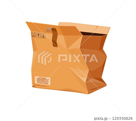 Damaged crumpled box or crushed ripped cargo parcel of broken delivery cardboard package, vector icon. Open carton box with crumpled and ripped sides for delivery or transportation and storage damage 120350826