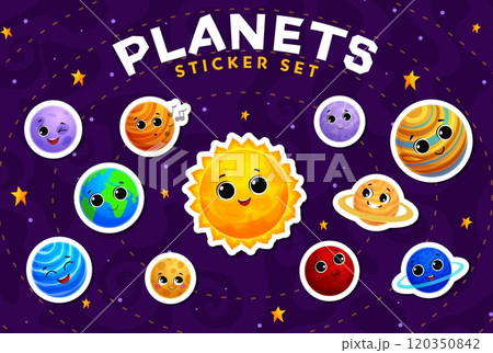 Cartoon solar system space planets stickers pack on starry sky vector background. Earth, Moon, Sun and Saturn, Jupiter, Mercury, Venus and Mars, Uranus, Neptune and Pluto planets, kids astronomy Cartoon solar system space planets stickers pack on starry sky vector background. Earth, Moon, Sun and Saturn, Jupiter, Mercury, Venus and Mars, Uranus, Neptune and Pluto planets, kids astronomy 120350842