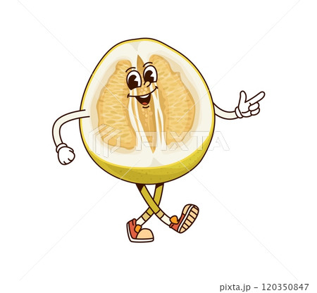 Groovy tropical pomelo fruit character with a vintage, y2k, hippie vibe. Isolated cartoon vector ripe fruit retro personage. Healthy and playful citrus half sporting sneakers and smile gives off a fun 120350847