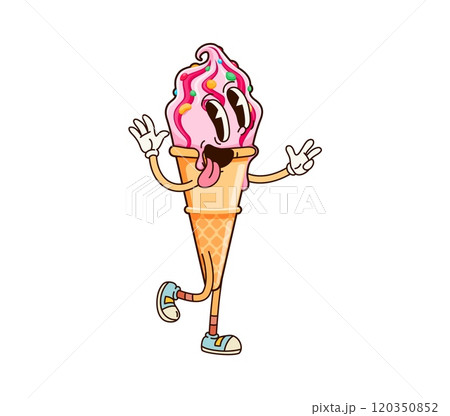 Groovy ice cream cone dessert character. Isolated cartoon vector quirky happy icecream cup with colorful sprinkles and playful teasing expression. Whimsical dessert character exudes of joy and fun 120350852