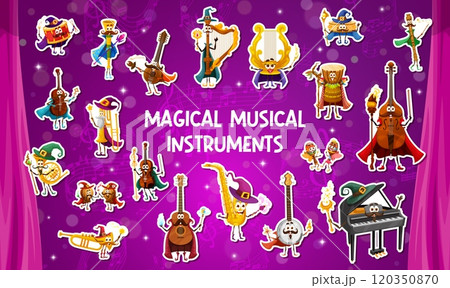 Stickers pack of musical instrument characters, vector magic musicians personages. Cartoon cute drum, piano, guitar and saxophone magicians, violin, trumpet, harp and banjo witches stickers set 120350870