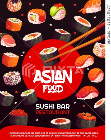 Japanese cuisine poster with flying sushi rolls and chopsticks, vector asian food. Sushi bar restaurant menu flyer of cartoon salmon nigiri, seafood maki and gunkan, hosomaki, futomaki, uramaki rolls Japanese cuisine poster with flying sushi rolls and chopsticks, vector asian food. Sushi bar restaurant menu flyer of cartoon salmon nigiri, seafood maki and gunkan, hosomaki, futomaki, uramaki rolls 120350877