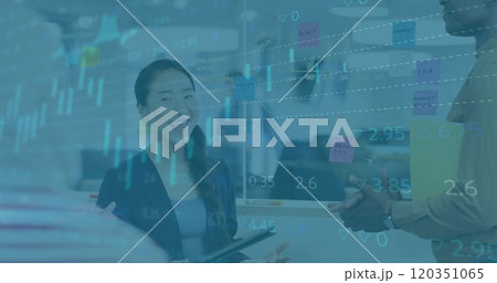 Image of financial data processing over diverse business people in office Image of financial data processing over diverse business people in office 120351065