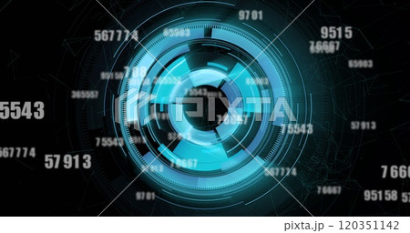 Image of data processing over blue circular scanner on black background Image of data processing over blue circular scanner on black background 120351142