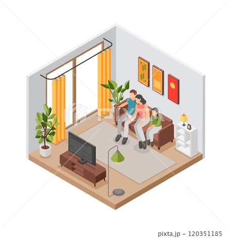 Isometric family watch tv. Parents and kid sitting on sofa in living room together. Home evening or weekend, parenthood, recreating time flawless vector scene Isometric family watch tv. Parents and kid sitting on sofa in living room together. Home evening or weekend, parenthood, recreating time flawless vector scene 120351185