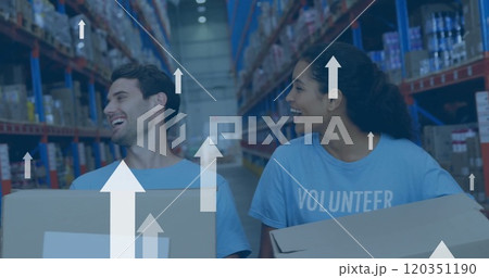 Image of digital data processing over diverse volunteers working in warehouse Image of digital data processing over diverse volunteers working in warehouse 120351190