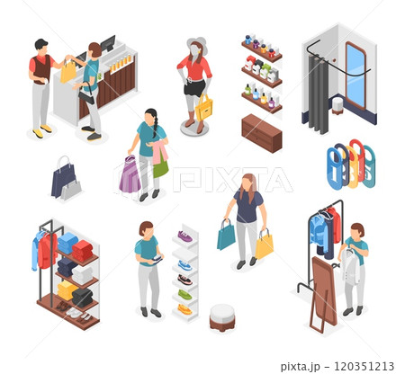 Isometric clothing store elements. Fitting cabin, mannequin, stands with accessories and glasses. Shoppers and sellers, boutique flawless vector set Isometric clothing store elements. Fitting cabin, mannequin, stands with accessories and glasses. Shoppers and sellers, boutique flawless vector set 120351213