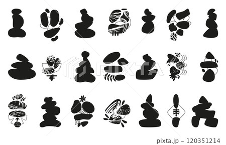 Zen stones silhouettes. Abstract balanced pyramids, decorative hand drawn botanical elements. Harmony, relax, recreation elements, neoteric vector set Zen stones silhouettes. Abstract balanced pyramids, decorative hand drawn botanical elements. Harmony, relax, recreation elements, neoteric vector set 120351214