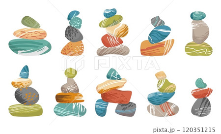 Balance stone pyramids. Isolated pebble pyramide, zen stones piles for spa and wellness. Harmony metaphor, calm mind and relax, neoteric vector set 120351215