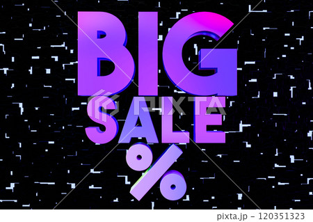Vivid 3D typography featuring the phrase BIG SALE in gradient purple and pink tones against sleek black background with glitch effects. Promotional banner, digital marketing or e-commerce advertising. 120351323