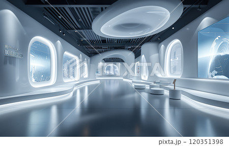 An abstract image featuring an arched platform in a room bathed in pink and red light. generate Ai 120351398