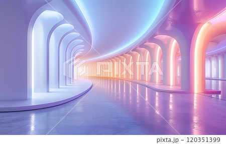 An abstract image featuring an arched platform in a room bathed in pink and red light. generate Ai An abstract image featuring an arched platform in a room bathed in pink and red light. generate Ai 120351399