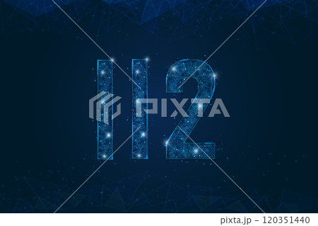 Abstract isolated blue image of 112 emergency icon. Polygonal low poly wireframe illustration looks like stars in the black night sky in space or flying glass shards. Digital web, internet design. 120351440