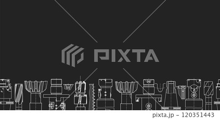 Mechanical engineering drawings on black background. Tap tools, borer. Technical Design. Cover. Blueprint. Seamless pattern. Vector illustration. 120351443