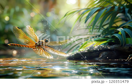 A delicate dragonfly rests on water amidst a mystical, sunlit setting. Generate AI 120351479