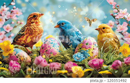 Vibrant scene with birds, Easter eggs, and blooming flowers against a blue sky. Generate AI 120351492