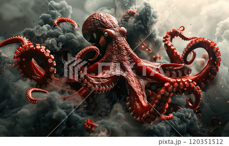 Dramatic red octopus with swirling smoke in a dark, mysterious setting , Generate AI 120351512