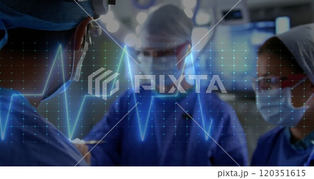 Heartbeat image over surgeons performing medical procedure in operating room Heartbeat image over surgeons performing medical procedure in operating room 120351615