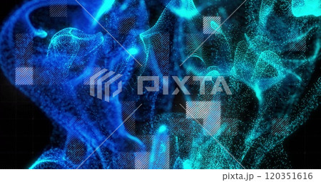 Image of blue spots over data processing on black background 120351616