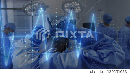 Medical professionals performing surgery with heartbeat image over grid background Medical professionals performing surgery with heartbeat image over grid background 120351628