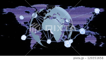 Image of data processing and connections over world map and globe on black background Image of data processing and connections over world map and globe on black background 120351658