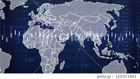 Image of data processing over world map on black background 120351661