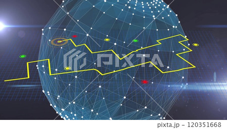 Image of network of connections over globe and light trails on black background 120351668