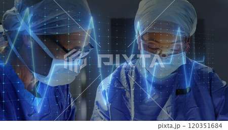 Medical professionals in surgical attire with heartbeat image over grid background Medical professionals in surgical attire with heartbeat image over grid background 120351684