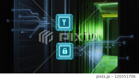 Digital security icons image over data center servers with green lighting Digital security icons image over data center servers with green lighting 120351706