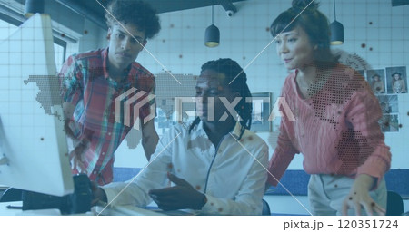 World map and data points image over diverse team collaborating in office 120351724