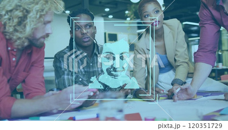 User profile image over diverse business team collaborating on project 120351729