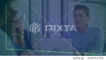 Line graph image over business people working on laptops in office 120351730