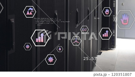 Image of ecology icons and data processing over server room Image of ecology icons and data processing over server room 120351807