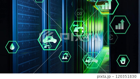 Image of ecology icons over server room 120351830
